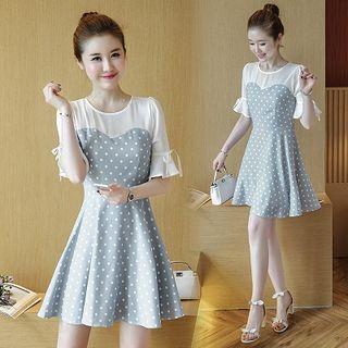 Elbow-sleeve Chiffon Panel Dotted A-line Mini Dress