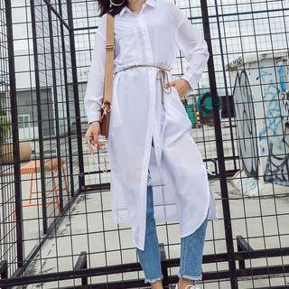 Long Sleeve Slit-side Plain Shirtdress
