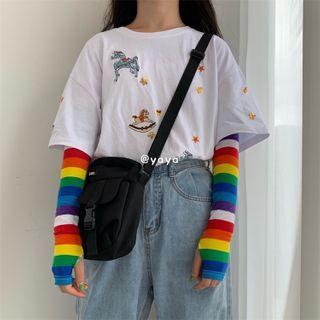 Elbow-sleeve Embroidered T-shirt / Long-sleeve Striped T-shirt