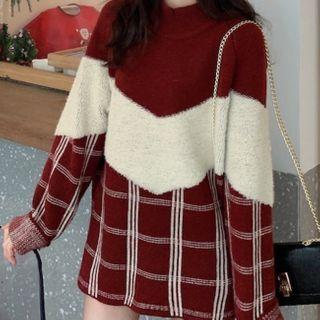 Semi High-neck Plaid Panel Medium Long Long-sleeve Knit Sweater