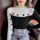 Long-sleeve Mock-neck Two-tone Knit Top