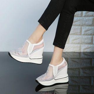 Genuine Leather Rhinestone Accent Hidden Wedge Platform Loafers
