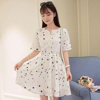 Star Print Elbow Sleeve A-line Dress