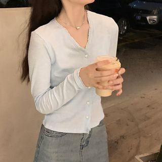 Long-sleeve Lace Trim Heart Button Slim Fit Top Light Blue - One Size