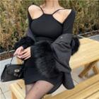 Long-sleeve Cold-shoulder Plain Slim-fit Dress