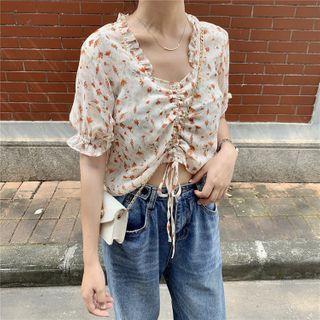 Short-sleeve Floral Print Drawstring Crop Top Tangerine - One Size