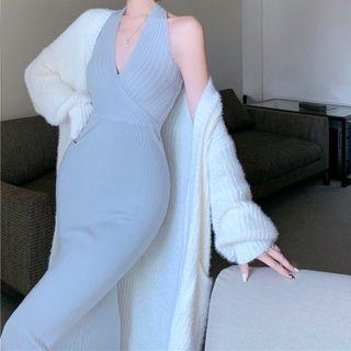 Halter Slit Knit Sheath Dress / Long Cardigan