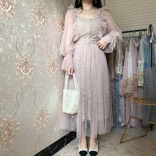 Set: Long-sleeve Sheer Top + A-line Midi Skirt