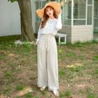 Drawcord-waist Pinstripe Culottes Beige - One Size