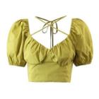 Puff-sleeve Ruched Tie-strap Cropped Top