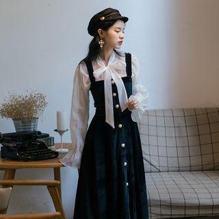 Set: Tie-neck Chiffon Blouse + Open Back Corduroy Midi Jumper Dress
