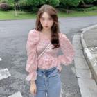 Puff-sleeve Floral Print Smocked Blouse Floral - Pink - One Size
