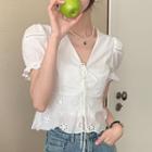 Puff-sleeve V-neck Tie-strap Cropped Shirt