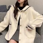 Color-block Striped Single-breasted Long-sleeve Coat Almond - One Size