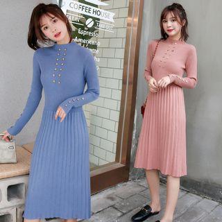Button Accent Long-sleeve Knit Dress