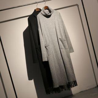 Mock Turtleneck Long-sleeve Fringed Maxi Knit Dress