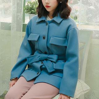 Flap-pocket Field Jacket With Sash Blue - One Size