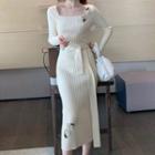 Long-sleeve Midi Sheath Knit Dress White - One Size