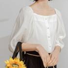 Elbow-sleeve Square-neck Blouse White - One Size