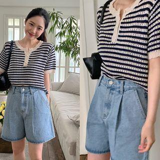 Stripe Pointelle-knit Henley