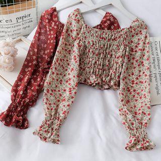 Cropped Boatneck Floral Smocked Top
