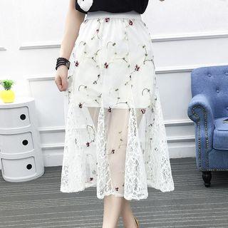 Embroidered Midi Mesh A-line Skirt