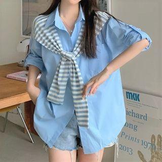 Mock Two-piece Striped Tie-front Shirt