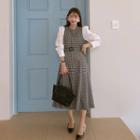 Belted Contrast-sleeve Long Checked Dress Black - One Size
