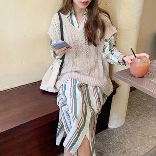 Long-sleeve Striped Midi A-line Shirt Dress / Knit Vest