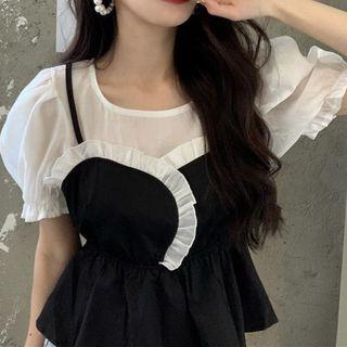 Short-sleeve Mock Two Piece Blouse Black & White - One Size