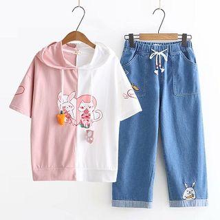 Hooded Printed Short-sleeve T-shirt / Crop Jeans / Set