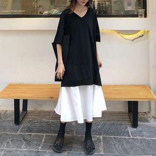 Mock Two-piece Short-sleeve Midi Dress As Shown In Figure - One Size