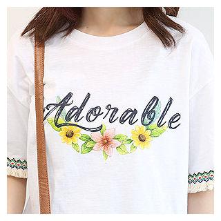 Lettering Floral Print Cotton T-shirt