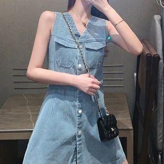 Plain Single-breasted V-neck Denim Dress
