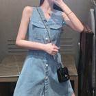 Plain Single-breasted V-neck Denim Dress