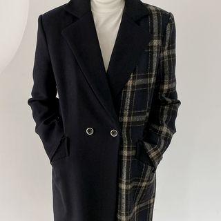 Plaid Panel Long Coat Navy Blue - One Size