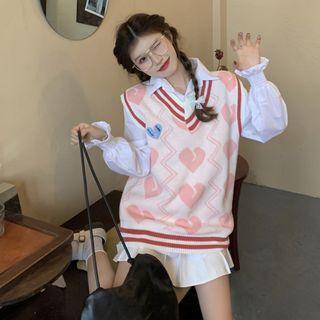 Plain Shirt / V-neck Heart Print Sweater Vest / Pleated Mini A-line Skirt