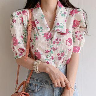 Elbow-sleeve Collared Floral Print Blouse