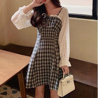Dotted Long Sleeve Plaid Panel A-line Dress