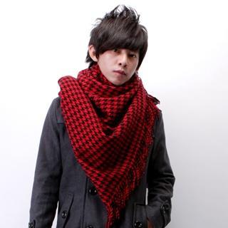 Housestooth Fringed Scarf Black & Red - One Size