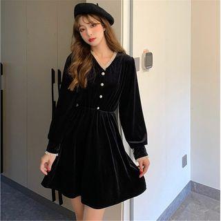 V-neck Buttoned Mini Velvet Dress