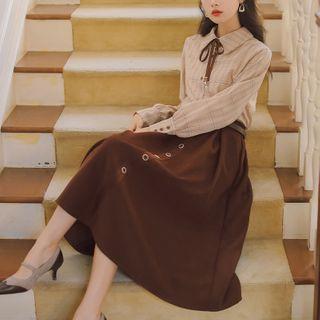 Set: Long-sleeve Plaid Shirt + Button Midi A-line Skirt