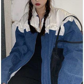 Ruffle Trim Denim Jacket White & Blue - One Size
