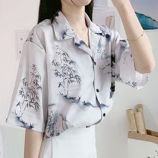 Short-sleeve Tree Print Shirt Grayish White - One Size