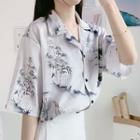 Short-sleeve Tree Print Shirt Grayish White - One Size