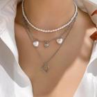 Heart Pendant Faux Pearl Layered Alloy Choker Necklace