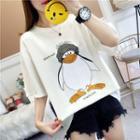 Elbow-sleeve Penguin Print T-shirt