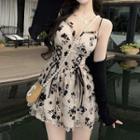 Floral Lace-up Mini Corset Dress / Cardigan / Set
