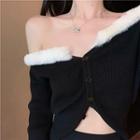 Off-shoulder Fluffy Trim Cropped Cardigan Black - One Size