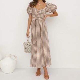 Puff-sleeve Gingham Maxi A-line Dress